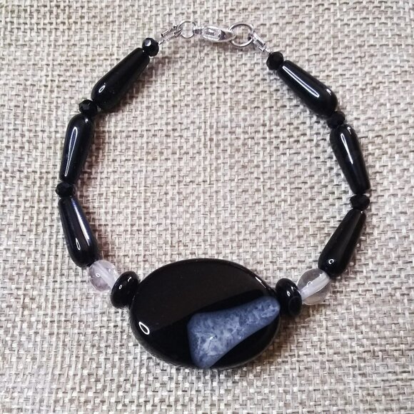 Massive Protection Bracelet: Black Agate + Quartz ~ Balance Energy & Chi Flow - Picture 1 of 11